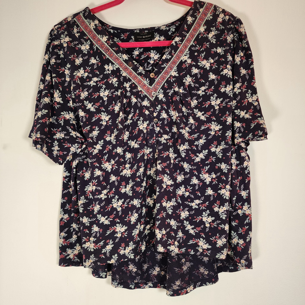 Lucky Brand Navy Floral Peasant Blouse Size L Boho Cotton Modal V-Neck